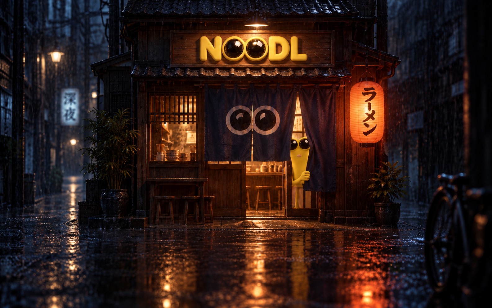A tiny noodle shop in a rainy midnight alley